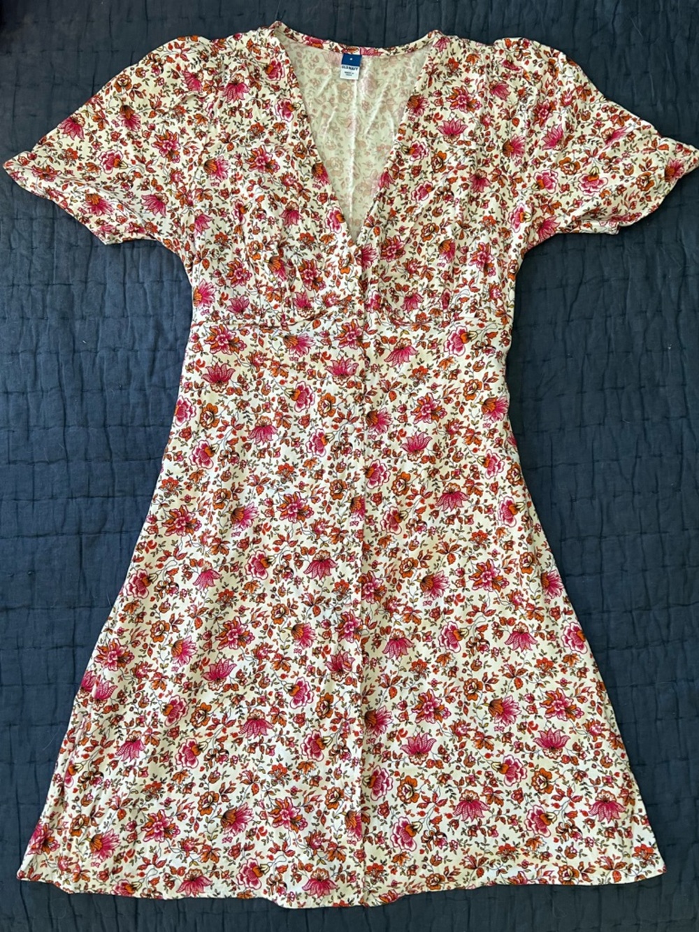 Old Navy V-Neck Pink & Rust Floral Midi Dress - Like New - Size Small
